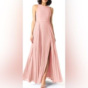 Azazie Bridesmaid Dress - S24, Pink, Chiffon, Pleated Skirt w/ Slit